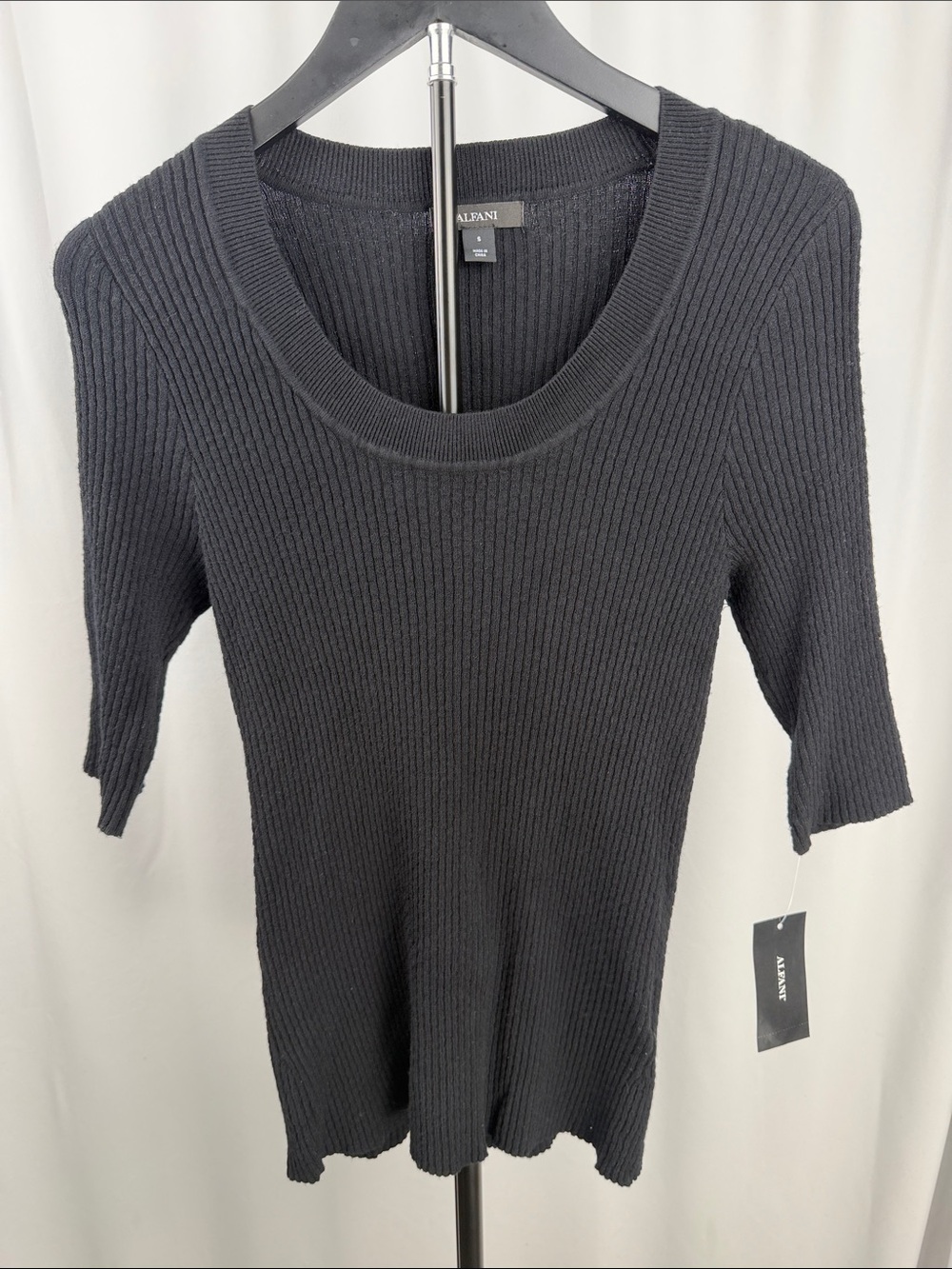 Alfani Deep Black Ribbed Elbow Sleeve Sweater Top – Size Small NWT